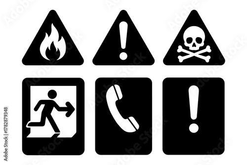Safety and warning signs: fire, caution, toxic, exit, phone, alert symbols.
