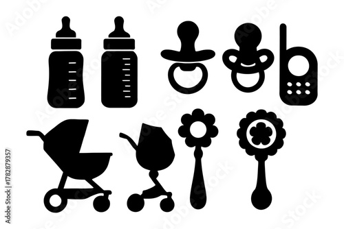 Baby essentials silhouettes: bottles, pacifiers, stroller, rattles, monitor.