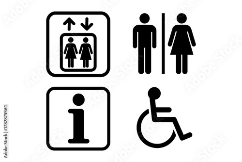 Public facility symbols: elevator, restroom, information, accessibility icons.