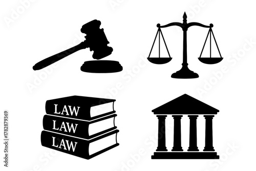 Legal symbols: gavel, scales of justice, law books, and courthouse silhouettes.