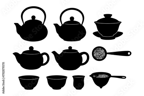 Silhouette collection of traditional tea sets and utensils.