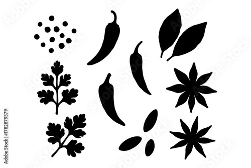 Herb and spice silhouettes: peppers, star anise, cilantro, bay leaves.