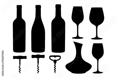 Silhouette of wine bottles, glasses, corkscrews, and decanter.