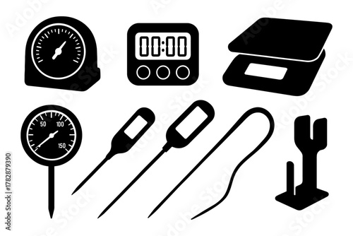 Silhouette collection of kitchen timers, scales, thermometers, and utensils.
