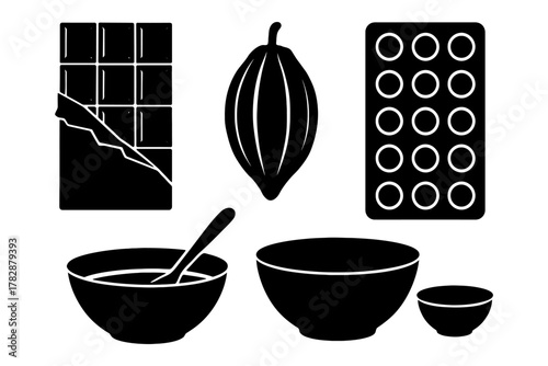 Chocolate making elements: cocoa pod, chocolate bar, molds, bowls, mixing tools.
