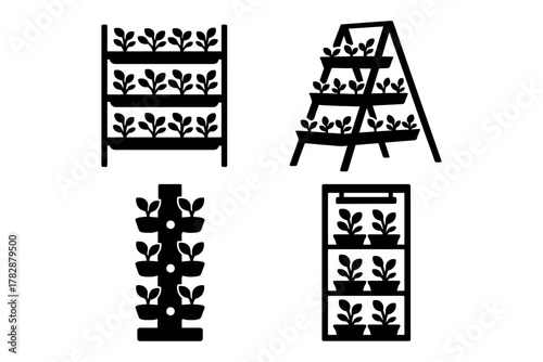 Vertical indoor garden systems with plant shelves and hydroponics design.