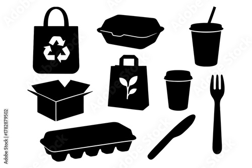 Eco-friendly packaging icons: boxes, cups, cutlery, and bags with recycling and leaf symbols.