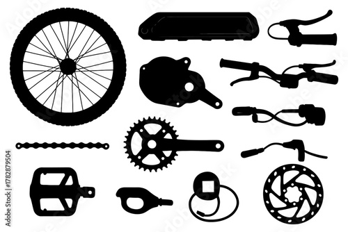 Silhouette collection of bicycle parts and accessories for repairs and upgrades.