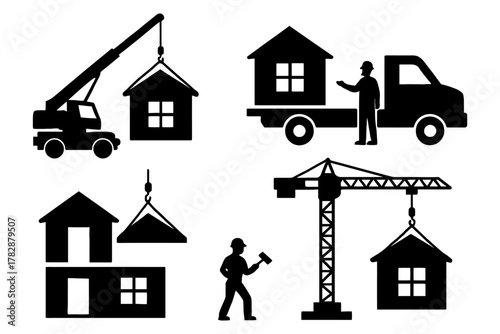 Construction icons: cranes, trucks, and silhouettes of workers with houses.