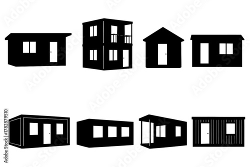 Silhouettes of eight diverse shed and tiny house designs.