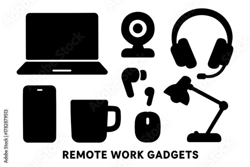 Essential remote work gadgets: laptop, webcam, headphones, smartphone, mug, mouse, lamp.