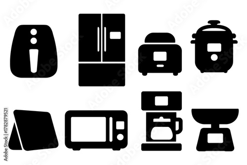 Black silhouette icons of kitchen appliances including fridge, toaster, and coffee maker.