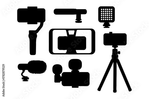 Silhouettes of video recording equipment: tripod, microphone, camera, stabilizer, lighting.