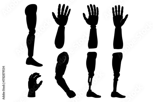 Silhouette of prosthetic limbs: diversity in arm and leg designs.