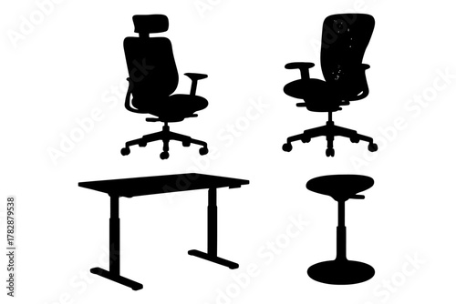 Silhouette of office furniture: ergonomic chairs, adjustable desk, and modern stool.