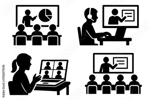 Silhouette icons of virtual and classroom education settings with diverse activities.
