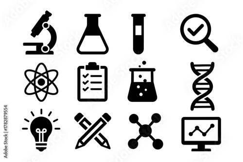 Science icons: microscope, flask, test tube, and tools for research and analysis.