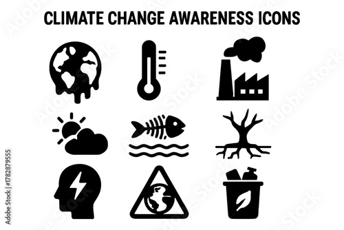 Climate change awareness icons highlighting environmental concerns.