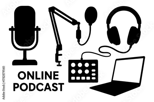Podcast equipment icons: microphone, headphones, laptop, mixer for online broadcasting.
