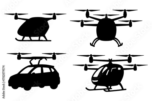 Silhouettes of four futuristic urban air mobility vehicles.