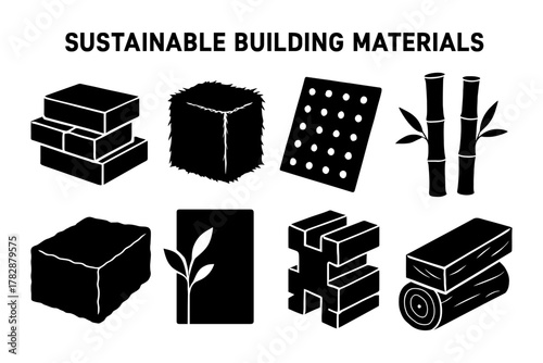 Sustainable building materials: bricks, straw, bamboo, concrete, wood icons.