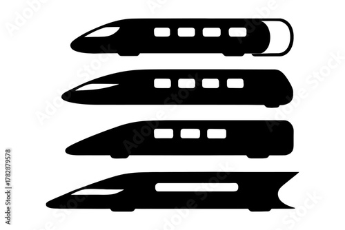 Collection of high-speed train silhouettes: various modern designs in black and white.