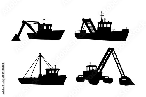 Silhouette collection of excavator and fishing boats with cranes.