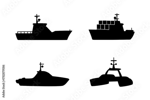Silhouettes of various boats including cargo and speedboat.