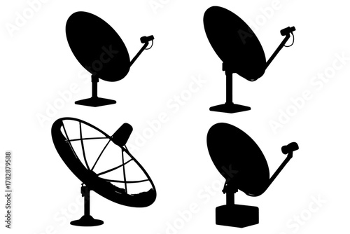 Silhouette of satellite dishes in various angles and designs, black on white.