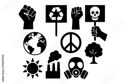 Environmental and social activism icons: peace, recycling, protest, and pollution symbols.