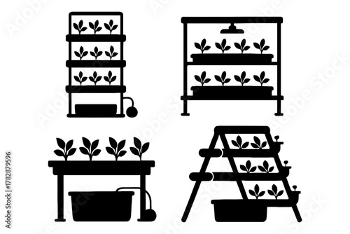 Silhouette of indoor hydroponic systems with vertical growth trays.