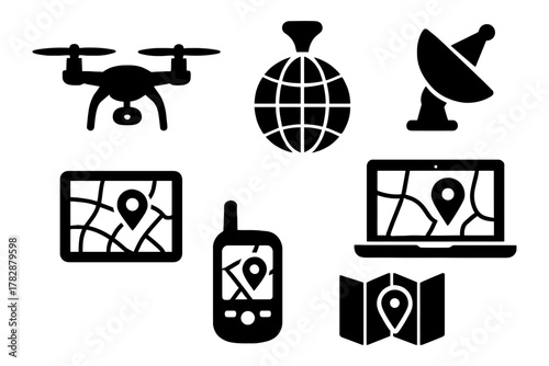 Icons of drone, globe, satellite, gps devices, and maps for navigation and communication.