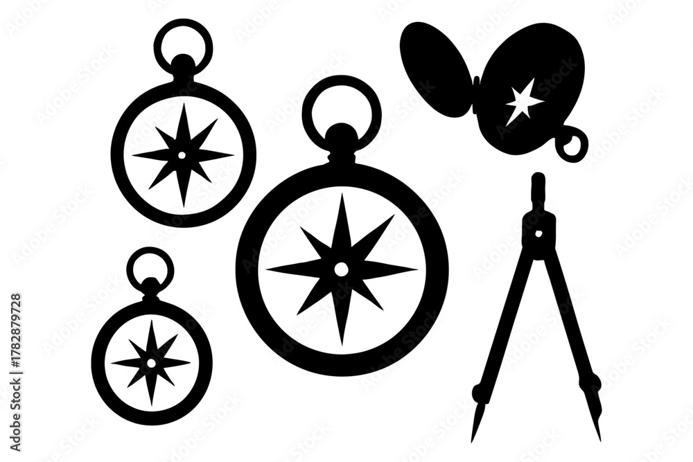 Fototapeta premium Silhouette of compasses and dividers with nautical star design.