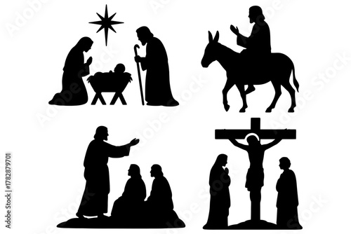 Silhouettes of biblical scenes with jesus and nativity story depictions.