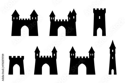 Set of medieval castle silhouettes featuring towers and arches.