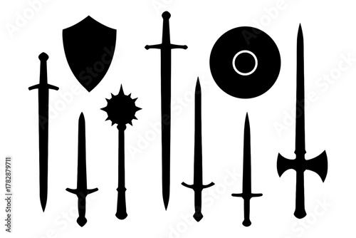Collection of medieval weapon silhouettes featuring swords, axes, and shields.