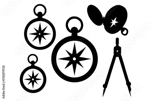 Silhouette of compasses and dividers with nautical star design.