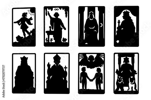 Tarot card silhouettes featuring diverse figures and symbols.