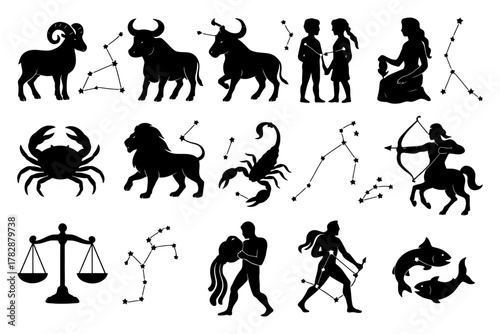 Zodiac signs symbols constellations silhouettes astrology collection.