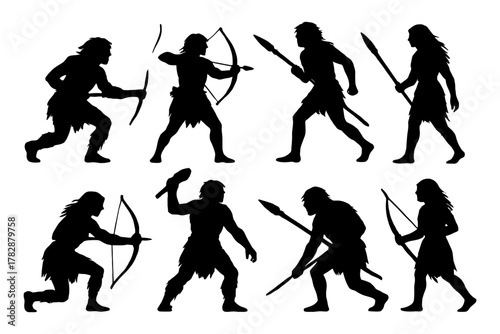 Silhouettes of prehistoric hunters with bows and spears.