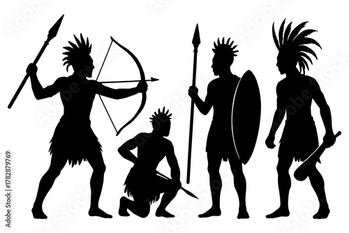 Silhouette of tribal warriors with spears and shields.