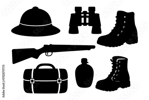 Silhouette collection of safari gear: hat, binoculars, boots, rifle, bag, canteen.