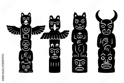 Traditional totem pole silhouettes with animal and human figures on white background.