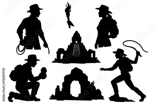 Adventurous explorers in action with ancient ruins and whips silhouettes.