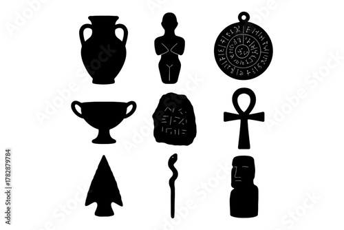Ancient symbols: pottery, sculptures, runes, ankh, and artifacts silhouettes.