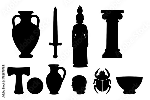 Silhouette collection: vase, sword, statue, pillar, axe, pitcher, scarab, bowl, head.