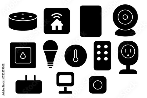 Smart home device icons: wi-fi, camera, light bulb, thermostat, plug.