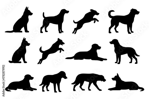 Collection of dog silhouettes in various poses and breeds.