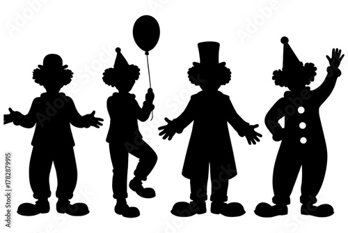 Silhouette of clowns posing in different costumes and hats.