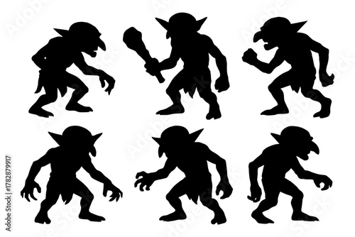 Silhouette set of fantasy goblins in dynamic poses and different weapons.